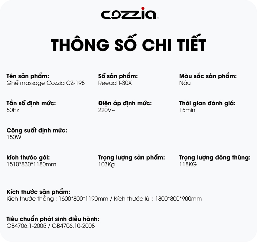 Thông số kỹ thuật của ghế massage cozzia cz-198